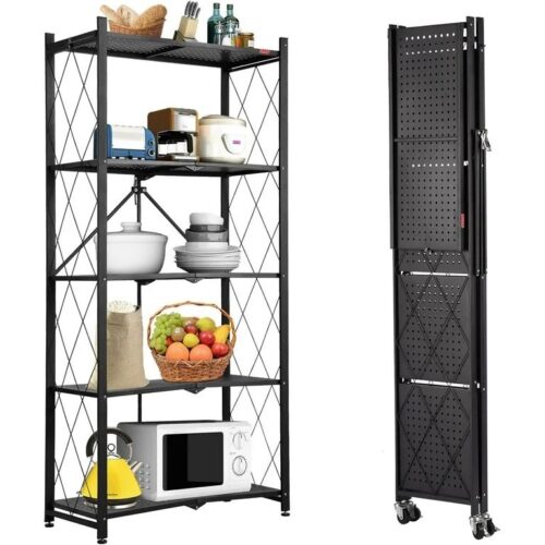 SPACE Foldable Kitchen Storage Rack - 5 Tier Space Saving Metal Stand with Caster Wheels Crockery Unit Multifunctional Movable Microwave Stand Trolley -Upto 150Kg (Black- L 72 x B 34 x H 160 cm)