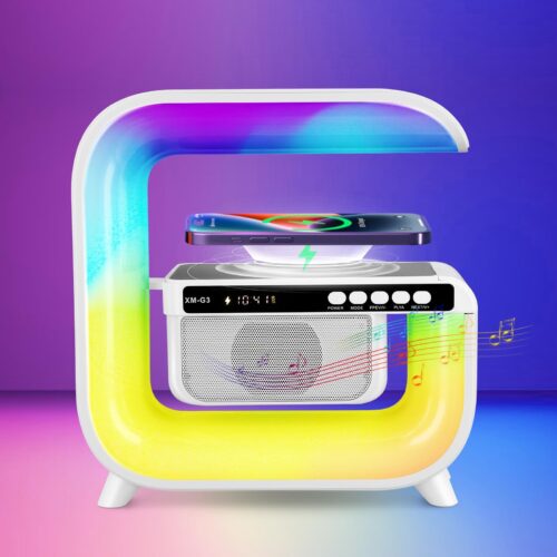 Smart Lamp Bluetooth Speaker with Wireless Charger, G Speaker Lamp Charger with Music Sync, Dimmable Night Light RGB Color Changing, Wireless Charger Atmosphere Lamp, LED Smart Lamp for Bedroom