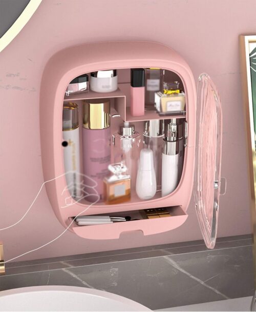 Makeup Organiser,Bathroom Sink Wall-Mounted Non-Perforated Cosmetic Storage Box,Waterproof And Dustproof Bathroom Toilet Sink Storage Ra,Pink