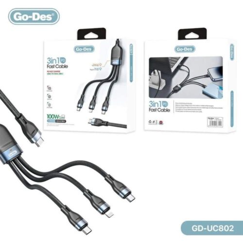 GO-DES 3 in 1 PD Multiport Cable Type-C to 2 Type-C 1 Lightning