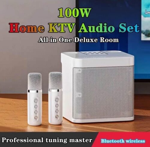 Bass portable professional karaoke dual microphone 100w Wireless Bluetooth 3D Stereo Speaker mic device