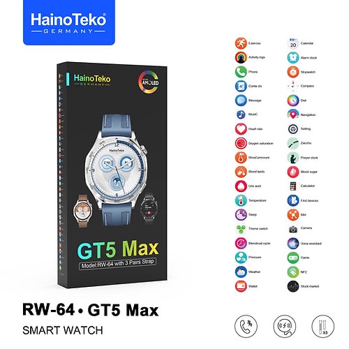 HAINOTEKO RW64 GT5 MAX GENTS SMART WATCH FREE 3 STRAP