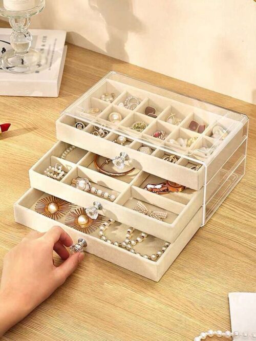 1pc Transparent 3-Layer Jewelry Box For Earrings, Rings, Watches Organizing With Velvet Tray de