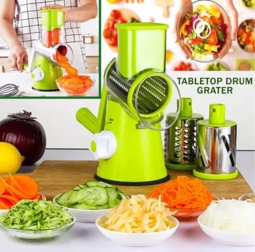 3 in 1 Rotary Cheese Grater, Kitchen Vegetable Slicer with 3 Interchangeable Blades, Rotary Grater Slicer For Fruit, Vegetables, Nuts (Green)