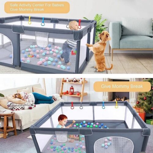 Baby Playpen, Large Grey Stopper Grate with Sturdy Suction Cup, Transparent Play Fence and Stable Breathable Protective Grille, Safety Playground for Children (200 x 200 x 60 cm)