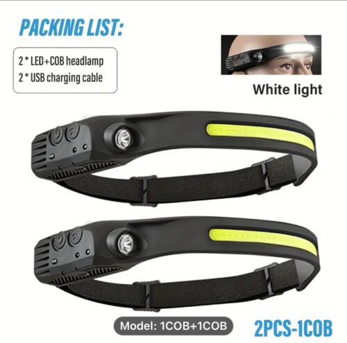 2pcs Rechargeable COB Induction Fishing Headlamp, Super Bright LED Tactical Flashlight, Large Range Lighting, Built-in Battery, USB Rechargeable Headlamp, 5 Lighting Modes, Suitable for Fishing, Working, Exploring, Hiking, Emergency Use