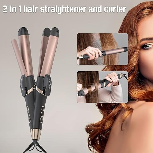 Ionic Hair Straightener and Curler 2 in 1, WIZCHARK 1.25 Inch Ceramic Tourmaline Flat & Curling Iron, Auto Switch-Off, 2 Hair Clips & 1 Protective Glove Hair Straightner and Curler Set Rn