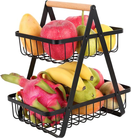 Fruit Stand Black Fruit Basket Stand Fruit Basket 2 Tiers Fruit Bowl Black Fruit Basket Black Fruit Bowl Modern Fruit Bowl Stand for Fruit Storage, Vegetable Storage Kitchen