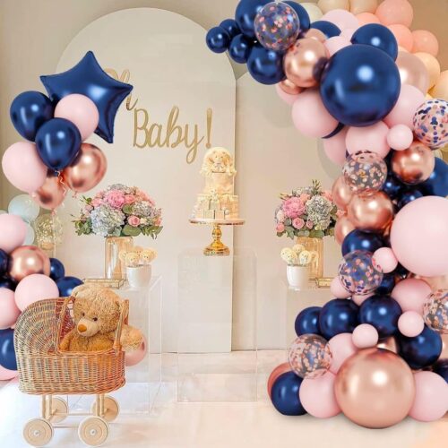 Holicolor 157pcs Gender Reveal Balloon Garland Kit, Navy Blue Rose Gold Pink and Confetti Latex Balloons with Blue Foil Star for Baby Shower Birthday Wedding and Graduation Party Decoration LR