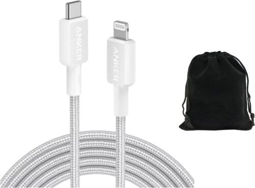 Anker 10' Braided Lightning to USB-C Fast Charging Cable, Durable and Compatible with iPhone, iPad, and Lightning Devices, White, Includes Travel Pouch