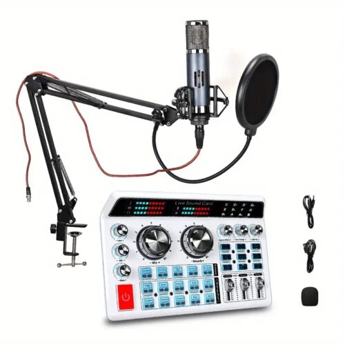 Podcast Equipment Set, Recording Studio Set with Sound Changer, Live Streaming Sound Card - Laptop Vlog Live Streaming Plug and Play PC computer kit with professional chipset, suitable for gaming, singing, karaoke DJ FG