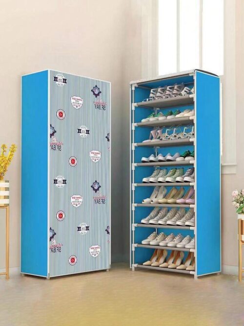 10 Layers Blue Large Size Dustproof Oxford Cloth Roll-Up Door Shoe Rack Organizer With Patterns For Indoor Use At Entryway lc