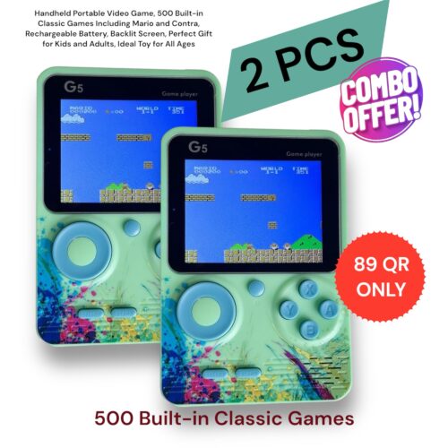 G5 2 PCS COMBO Handheld Portable Video Game, 500 Built-in Classic Games Including Mario and Contra, Rechargeable Battery, Backlit Screen, Perfect Gift for Kids and Adults, Ideal Toy for All Ages