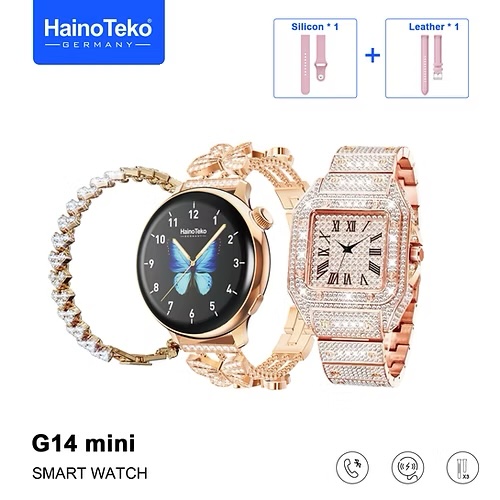 HainoTeko G14 Mini Smart Watch With Stylish Analog Watch Beautifully Designed Bracelet and 3 Pair Straps Designed For Women Gold