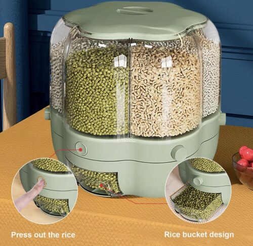 6 Grid Rotating 10kg Rice & Cereal Dispenser Storage Organizer, One-click Rice Output