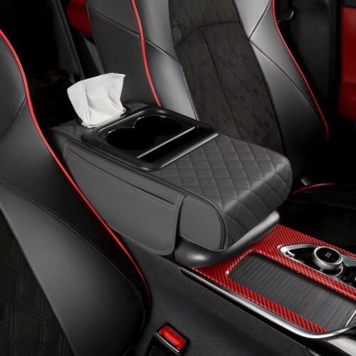 Car Armrest Cushion with Storage Bag and Built-in Tissue Box
