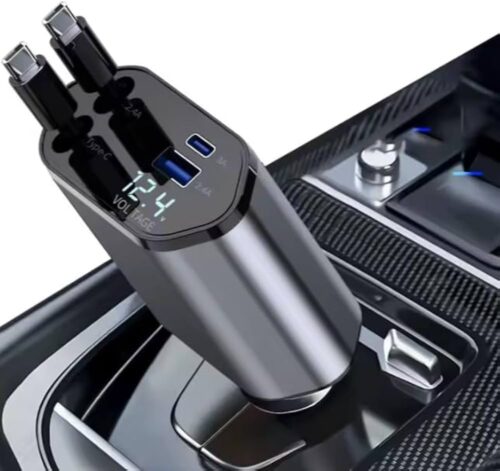 4-in-1 Retractable Fast Car Charger 120W Peak | Dual USB-C & USB-A PD/QC | LED Display | Universal In-Car Phone Charger for iPhone 16 15 14, Samsung S24, iPad, Android Tablets
