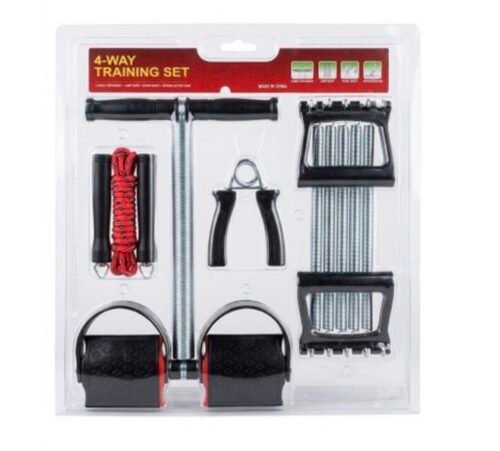4-Way Home Fitness Training Set – Includes Tummy Trimmer, Chest Expander, Hand Gripper, and Jump Rope