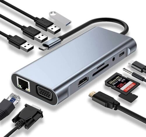 USB C HUB, USB C Adapter 11 in 1 Dongle with 4K HDMI, VGA, Type C PD, USB3.0, RJ45 Ethernet, SD/TF C